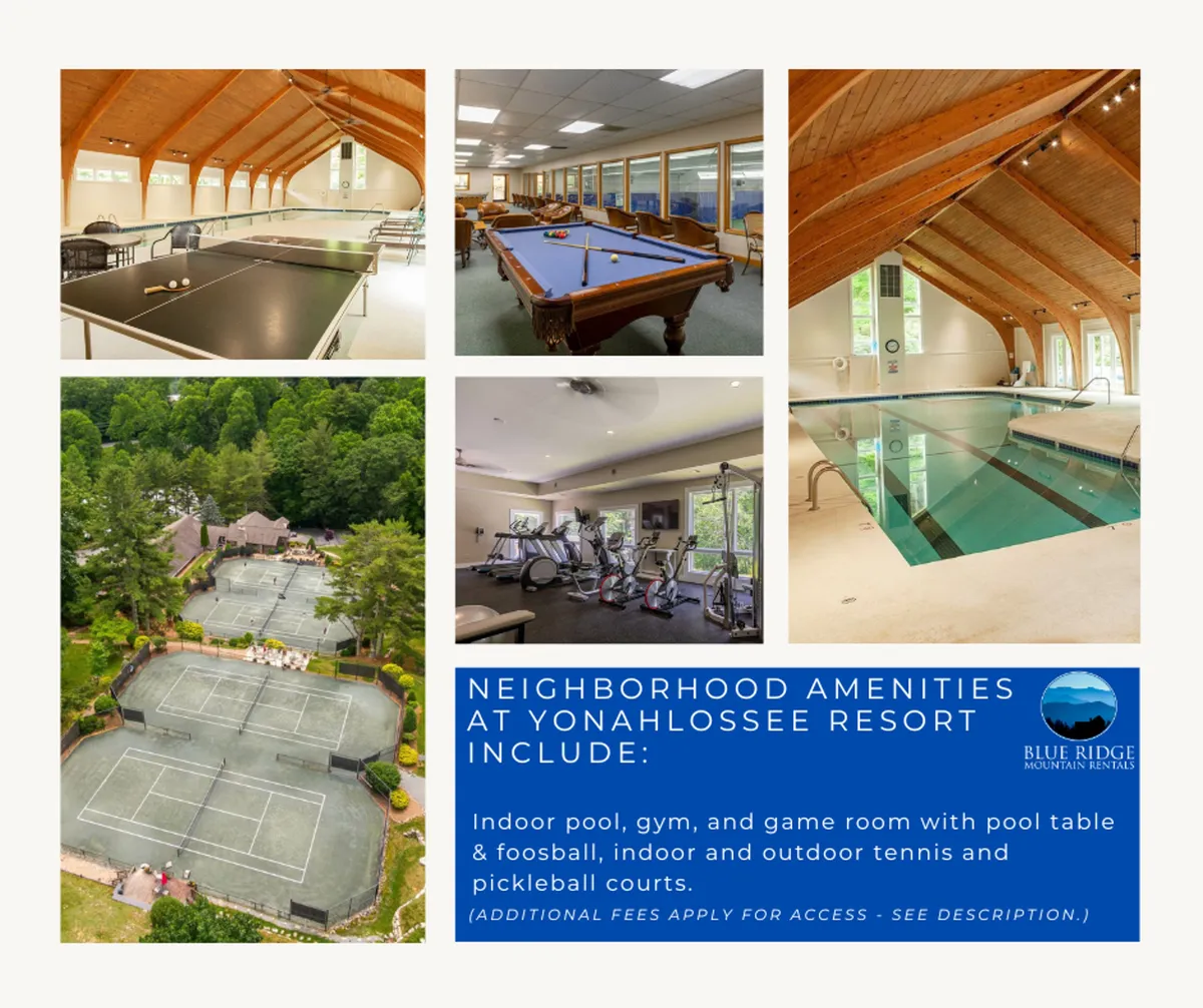 A spacious interior capturing several key resort amenities: an indoor heated lap pool with lounge chairs, a game room equipped with both pool and ping pong tables, a gym area with fitness equipment, and views of the indoor tennis/pickleball courts. The space is filled with natural light, conveying an active and social mood.