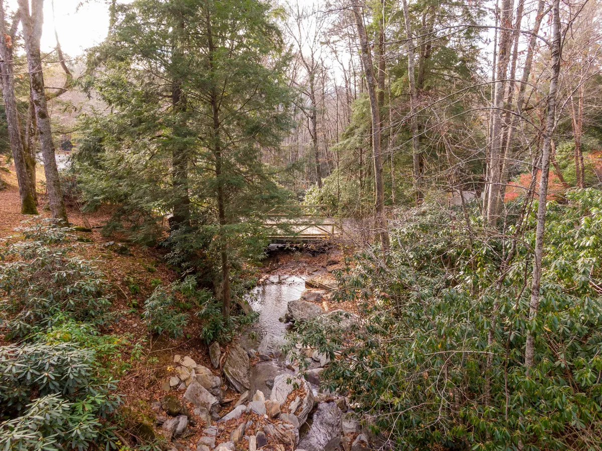 A peaceful scene featuring a flowing creek, a sturdy wooden bridge crossing over the water, and lush surrounding trees. The rocky embankment and natural greenery evoke a sense of secluded wilderness, perfect for creekside exploration and tranquil moments.
